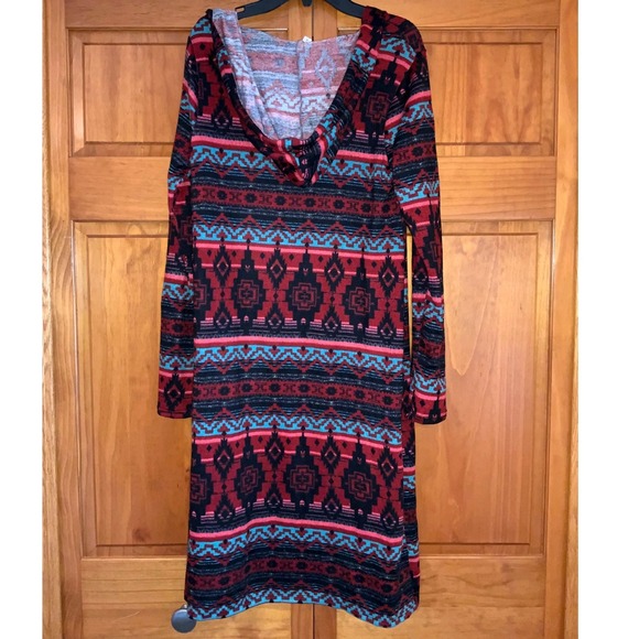 EMBER Hooded Open Front Long Cardigan Sweater Tribal Print Womens M Made in USA - Picture 4 of 6